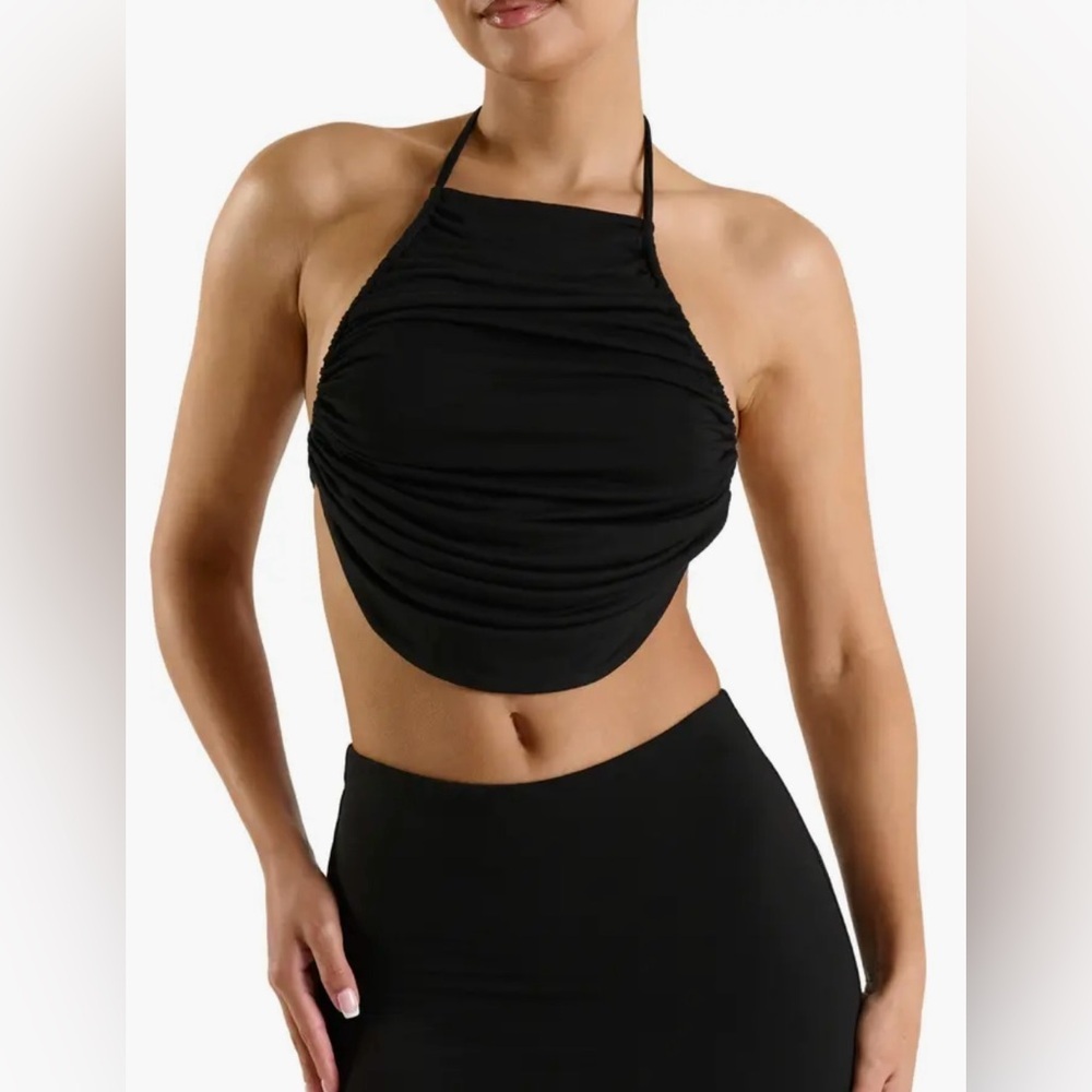 NAKED WARDROBE Shirred Halter Top Medium Black Cropped Festival Y2K Summer 90s